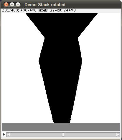 For demonstration purposes the stack with differently sized ROIs was rotated 90° around the x-axis with TransformJ. This result shows the effect after applying the buttons 